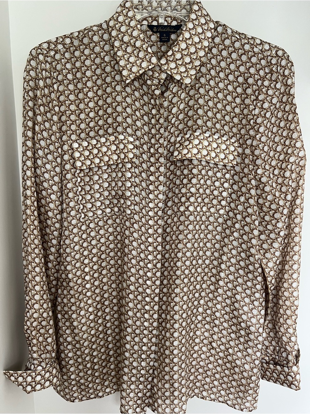 Brooks Brothers Brown and Cream Silk Geometric Button-Up Blouse Size 6